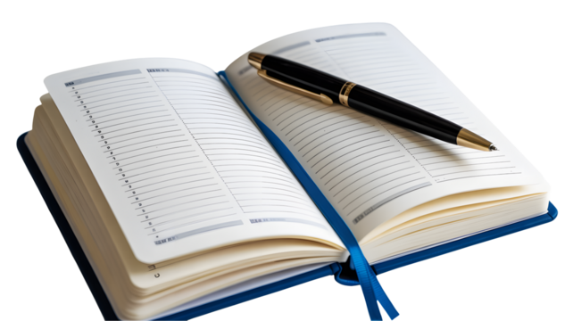 Stylish open planner with a pen for scheduling, organizing tasks, and managing time effectively for productivity and achieving goals in business