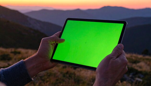 Man holding a digital tablet with a green screen in the mountains at sunset.