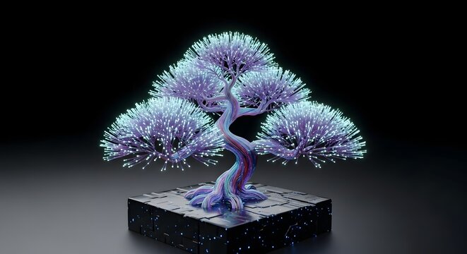 Futuristic glowing bonsai tree on a digital platform in dark setting - Powered by Adobe