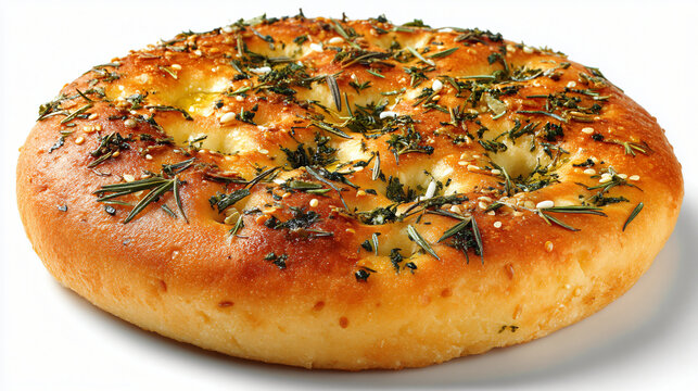 Delicious focaccia bread with herbs and sesame seeds isolated on white background