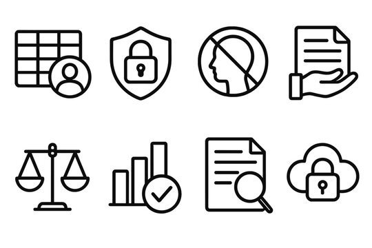 Ethical Training Data outline icon set: anonymized dataset icon, privacy lock badge, bias detection symbol, consent form file, fairness scale icon, data quality check, transparency
