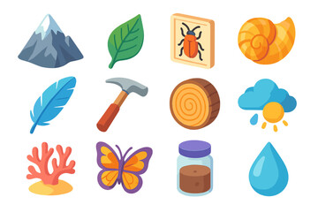 Natural Science Exploration flat isometric set: mountain peak, leaf, insect specimen, seashell, bird feather, geological hammer, tree ring, weather cloud, coral reef, butterfly,