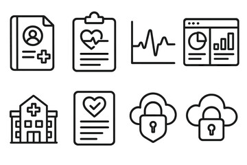 Health Data outline icon set: medical record file, patient chart icon, heart rate graph, data analytics dashboard, hospital database, wellness report card, secure health cloud,