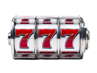 Slot machine reels showing three lucky sevens, isolated on transparent cutout background