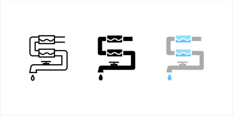 Water filtration linear icon set. Desalination process. Waterdrop falling. Sanitation system. Water purification. Thin line illustration. Contour symbol. Vector outline drawing. Editable stroke	
