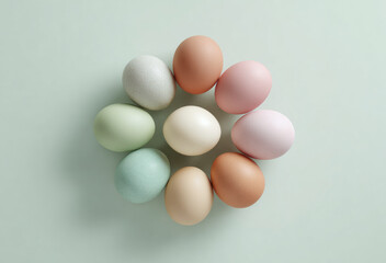 Pastel eggs arranged in perfect circular pattern on light background, creating minimal and surreal composition with soft colors and calm, balanced mood