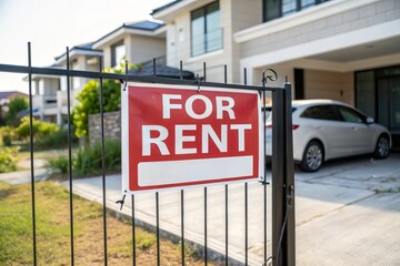 Red and white 'FOR RENT' banner sign hanging on front of gate modern house, real estate advertisement concept