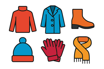 Winter Style flat icons: turtleneck, overcoat, ankle boots, wool hat, gloves, scarf.