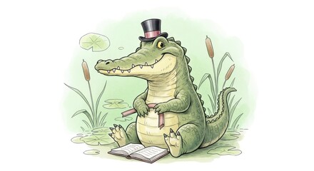 Obraz premium A charming cartoon alligator wearing a top hat, reading a book, relaxed.