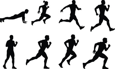 Running, jogging, sprinting, exercise, fitness, workout, push-up, silhouette, motion, athlete, training, sport, posture, action, dynamic, movement, cad drawing, flat vector illustration, black, white,