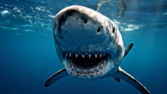 Dangerous great white shark swimming towards the camera in the deep blue ocean, opening its mouth and showing its sharp teeth before turning away, representing the power of nature and wildlife