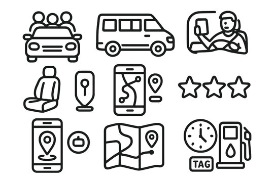 Ride Sharing outline icon set: carpool icon, shared van, driver app, passenger seat, GPS route, rating stars, phone interface, pickup pin, vehicle tag, clock icon, fuel symbol,