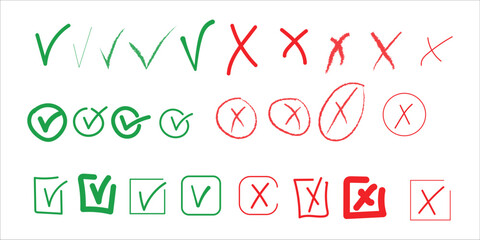 Check marks doodle set Vote, yes, no,