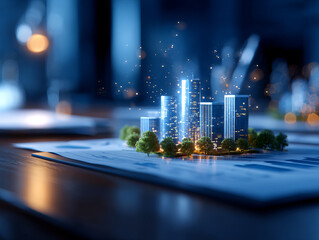 Urban planning model showcases futuristic cityscape with glowing buildings and greenery