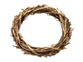 Natural twig wreath on white background, isolated on transparent cutout background