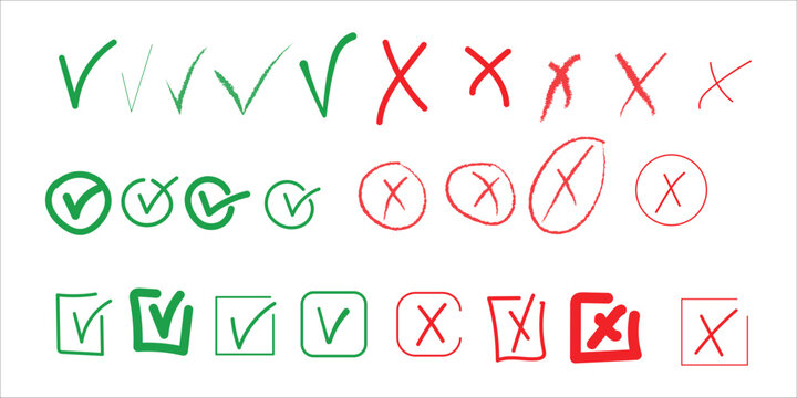 Check marks doodle set Vote, yes, no,