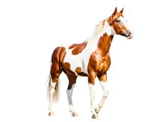 Brown and white pinto horse standing facing forward isolated on transparent background