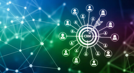 CRM concept, customer relationship management strategy for business, target icon with arrow in center connected to network of diverse people icons on gradient background