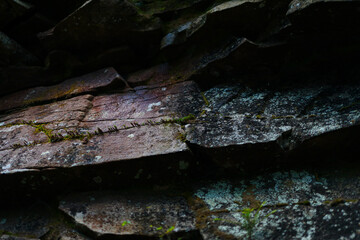 Aged stone surface with mossy crevices in natural light