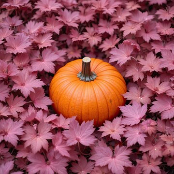 Among the pink fall foliage is an orange pumpkin.
