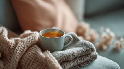 Steaming cup of tea on a gray folded knitted blanket with a peach pillow in the background