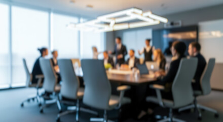 Blurred office background with business people in meeting room, abstract corporate environment for presentation backdrop, conference hall with team at work concept