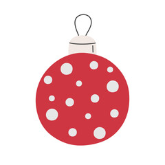 Xmas bauble tree ball in red color, round shape with dots decoration. Festive winter holiday adornment isolated on white background. Christmas ornament. Colored flat vector illustration