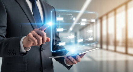 Businessman using tablet with futuristic interface showing business process automation flowchart, manager optimizing corporate workflow with digital technology and mobile device