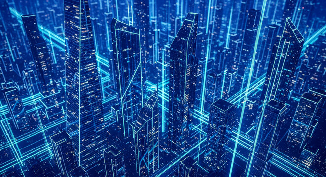 Futuristic smart city wireframe with glowing blue lines, digital twin and metaverse concept, big data and 5g network technology for modern metropolis - Powered by Adobe
