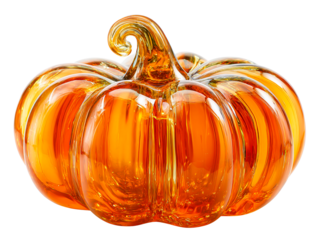 Orange Glass Pumpkin Sculpture with Swirled Stem, isolated on transparent cutout background