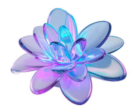 Neon Crystal Flower Sculpture Front View, Iridescent Glow, Isolated on Transparent Background