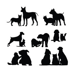 Silhouette illustrations of dogs and cats in various poses and breeds against a solid creating a simple yet striking design for animal lovers and pet owners