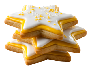 Stack of star shaped sugar cookies with white and yellow icing