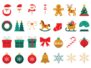 Collection of Christmas icons including Santa Claus, reindeer, and tree arranged in festive decorative grid style