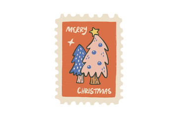 Merry Christmas" with hand-drawn festive trees postage stamp Sublimation Design
