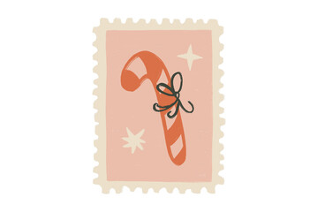  Festive candy cane with a bow, hand-drawn postage stamp Sublimation Design