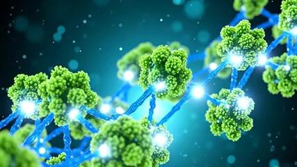 Abstract 3d render of green molecules connected by blue energy strands with glowing lights
