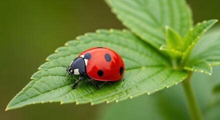 Close-up macro shot of a vibrant red ladybug with black spots resting on a lush green leaf, highlighting intricate details and natural beauty in its habitat