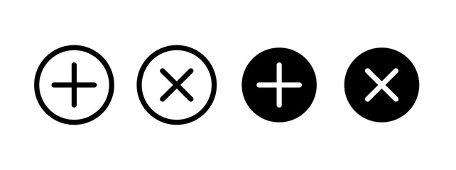 Plus and cross circular icon set for interface design, multiplication icons, plus icons, Vector illustration.