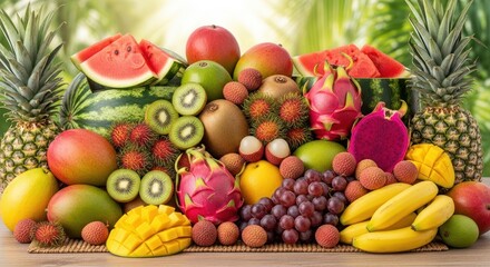 An abundant display of various fresh fruits, including watermelon, pineapple, mango, kiwi, dragon fruit, grapes, and bananas, against a blurred green background.
