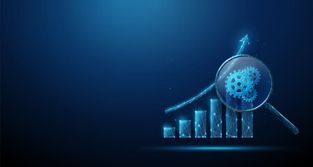 Growing bar chart with upward arrow under magnifying glass with gears inside. Process optimization, business efficiency, economic growth concept.