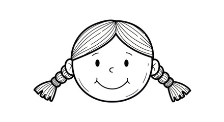 A simple black and white cartoon drawing of a smiling girl with braided pigtails.