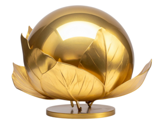  Angled Golden Leaf Orb Stand with Soft Shadow, Transparent Background