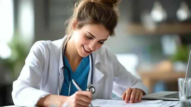 Young woman mastering medical billing and coding using spreadsheets in an office medical billing healthcare finance administrative tech with copy space