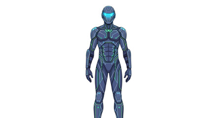 Futuristic Dark Blue Armored Humanoid Figure with Glowing Visor.