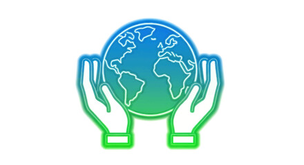 Two hands gently holding the planet Earth a vibrant blue and green gradient line art icon.