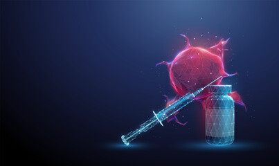 3d red tumor with a medicine bottle and a syringe. Cancer treatment, drug delivery, targeted therapy, chemotherapy, medical research, oncology study concept.