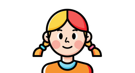 Cartoon illustration of a young girl with two-toned hair and pigtails.