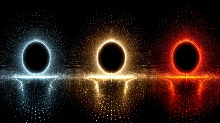 Fototapeta premium Three abstract cosmic portals glowing with blue, yellow, and red energy against a dark background.