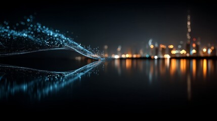 A dynamic flow of blue light particles streams across dark water towards a blurred, illuminated cityscape at night.